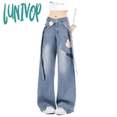 Lunivop Women’s Cartoon Pattern Design Light Blue Jeans Vintage Street Style Casual Wide Leg Pant